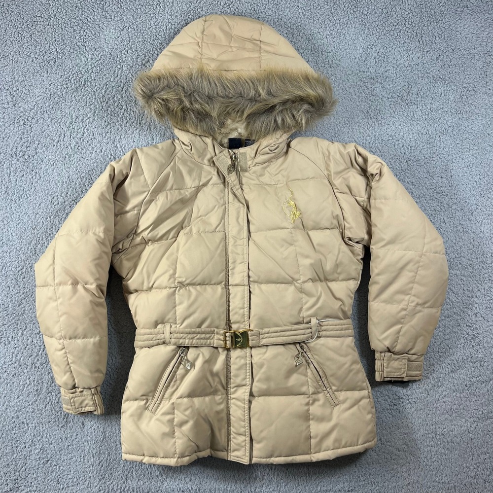 Baby Phat Women's Size L Puffer Coat Tan Faux Fur‎ Hood Belted Zip VTG NWT